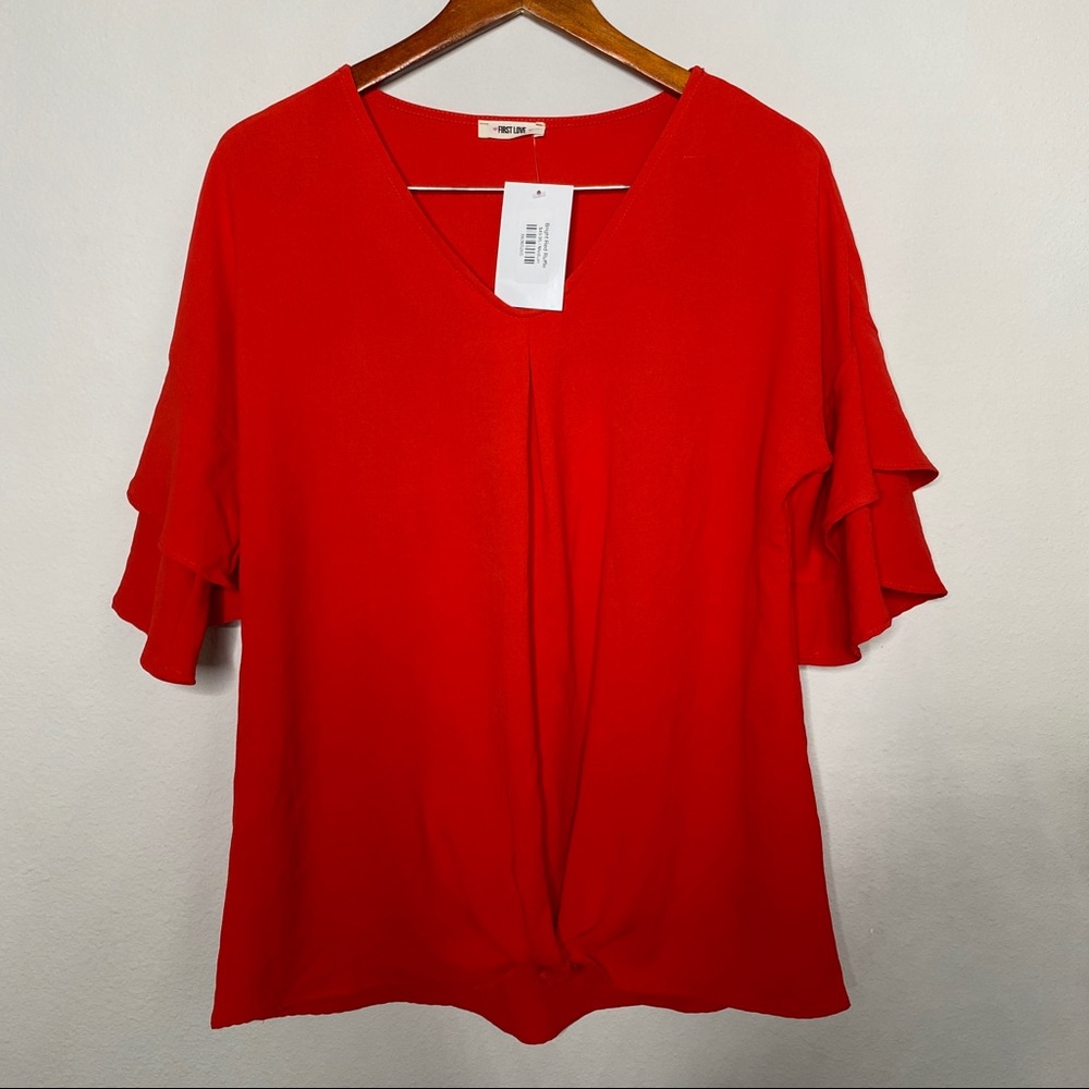 First Love Bright Red Ruffle Blouse Medium